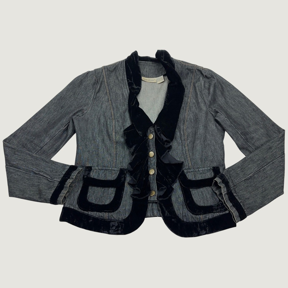 Jeanology Collection Gray Denim Blazer Black Velvet Ruffle Trim Jacket Size 12